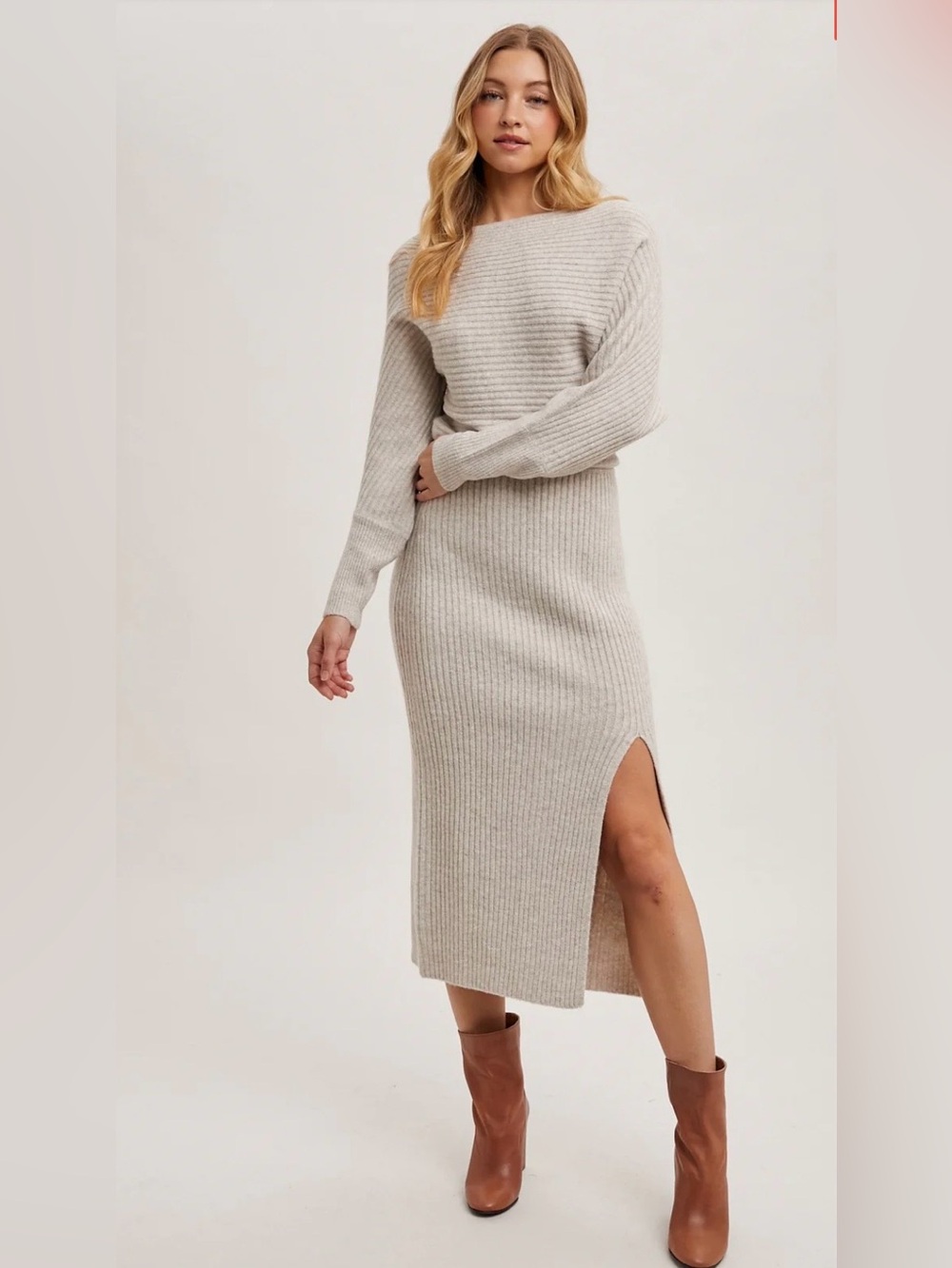 Line and Dot Alta Knit Sweater Midi Dress with Side Slit in Oatmeal Size Small